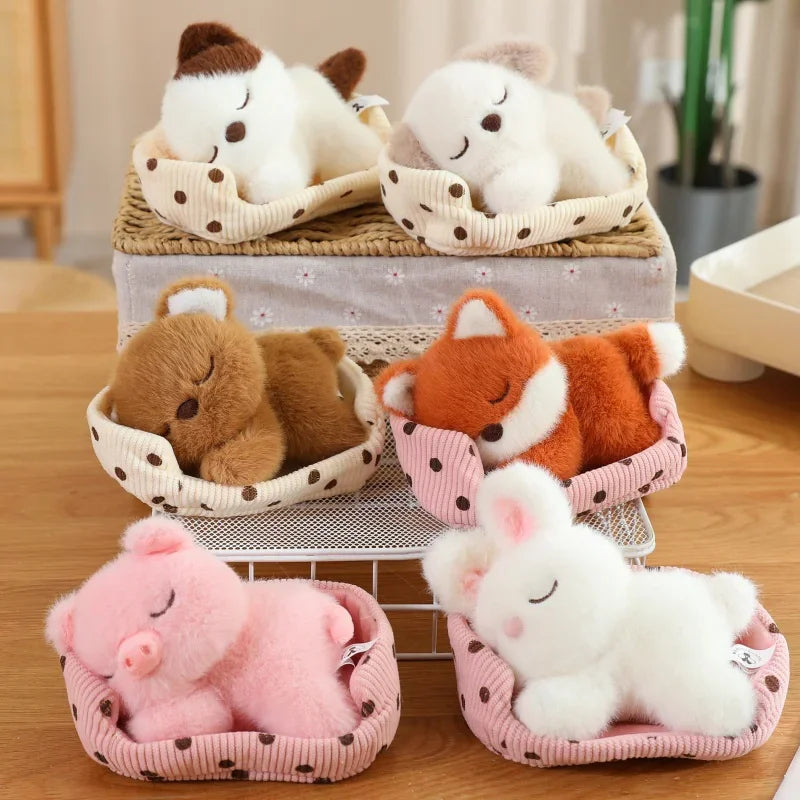 Cute Sleeping Animal Plush in Polka Dot Bed