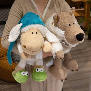 Beige Sheep Plush Toy in Teal Cap and Frog Slippers
