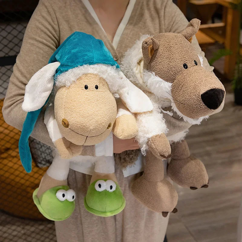 Beige Sheep Plush Toy in Teal Cap and Frog Slippers