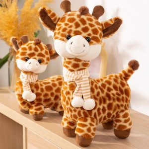 Cute Brown Spotted Plush Giraffe with Striped Scarf