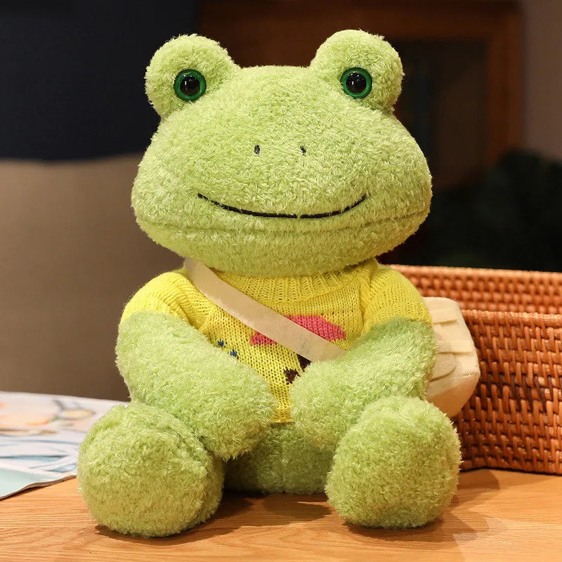 Cute Green Plush Frog with Knitted Sweater & Bag - Image 14