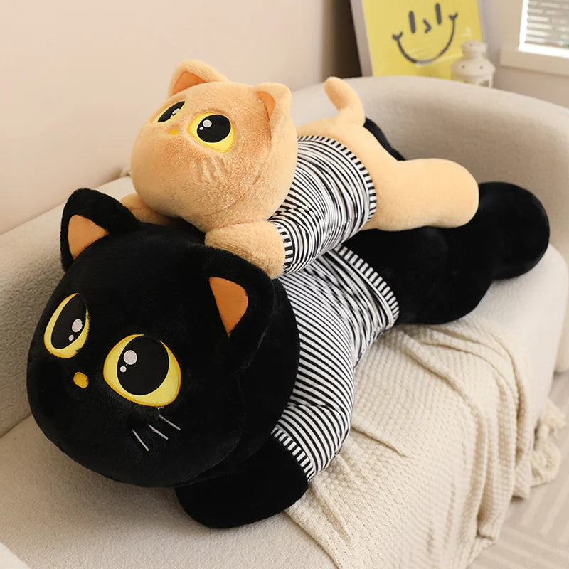 Cute Striped Cat Plush Pillow, Black & Beige