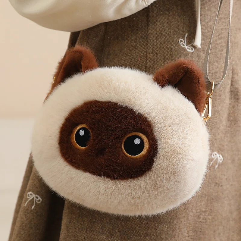 Kawaii Calico Cat Plush Crossbody Bag with Pearl Chain - Image 12