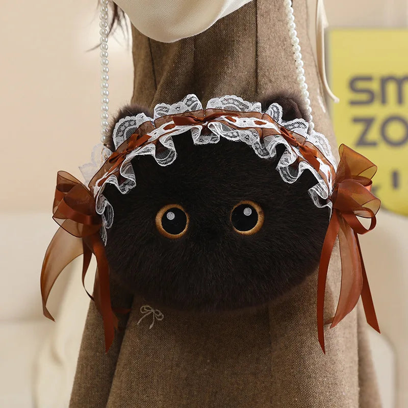 Kawaii Calico Cat Plush Crossbody Bag with Pearl Chain - Image 6