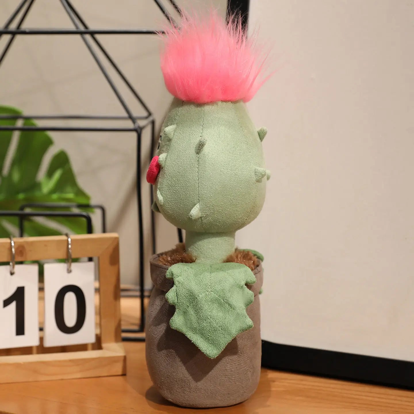 Potted Green Plush Plant with Pink Spiky Hair - Image 3