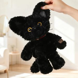 Fluffy Black Cat Plush Toy with Red Collar