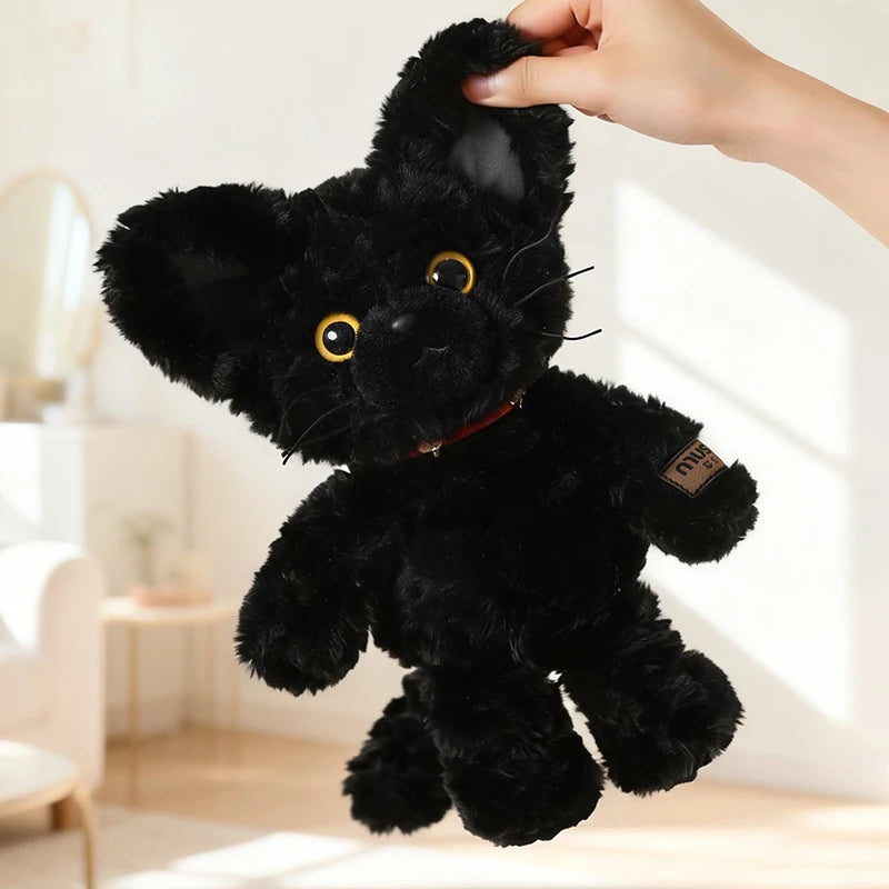 Fluffy Black Cat Plush Toy with Red Collar