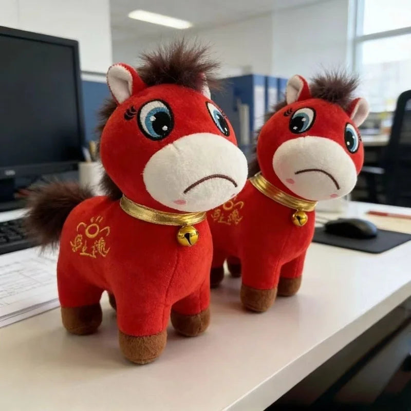 Red Sad-Faced Plush Pony with Gold Bell