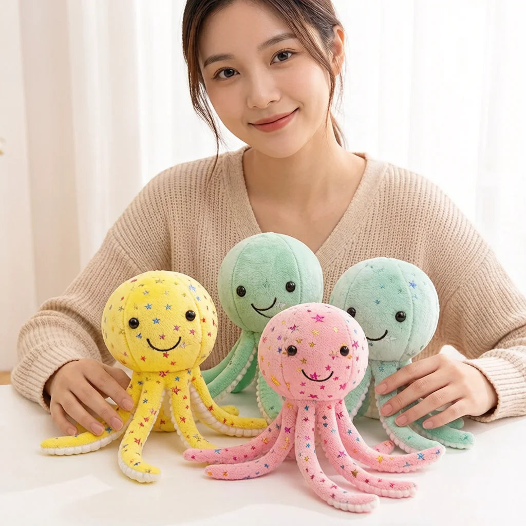 Soft Smiling Octopus Plush with Glitter Stars - Image 3