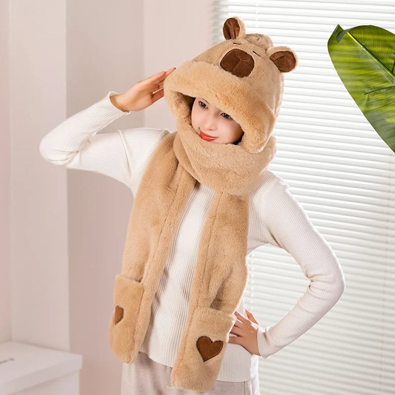 Cute Plush Bear Hooded Scarf with Heart Pockets - Image 7