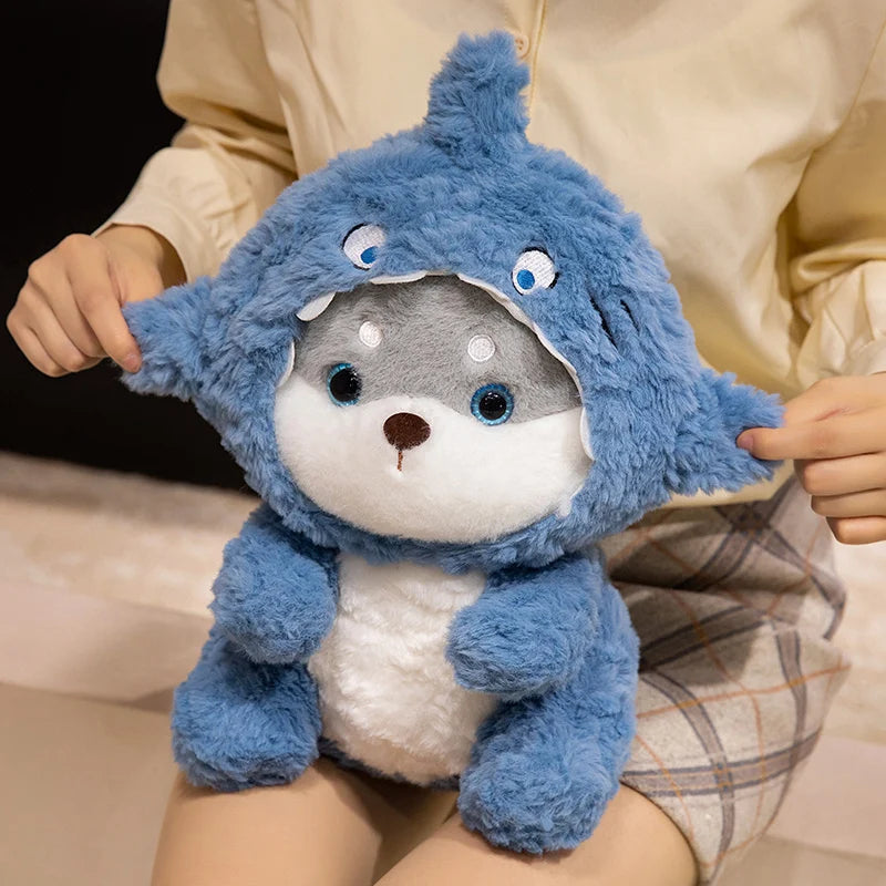 Cute Fluffy Husky in Blue Shark Costume