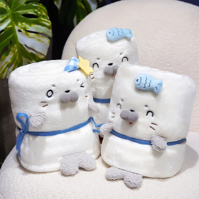 Cute White Rolled Seal Plush Blanket
