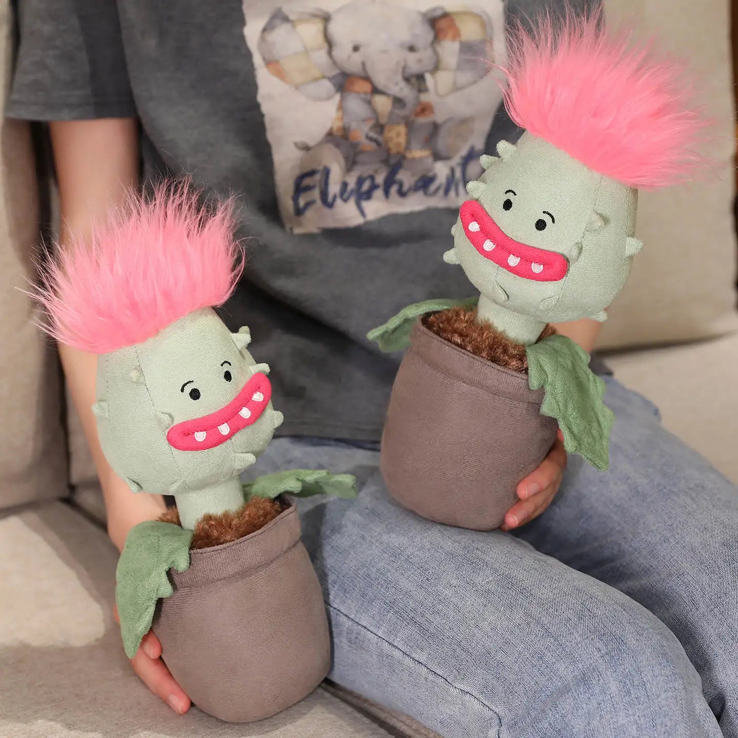 Potted Green Plush Plant with Pink Spiky Hair - Image 6