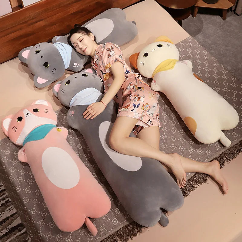 Soft Grey Plush Cat Body Pillow with Scarf