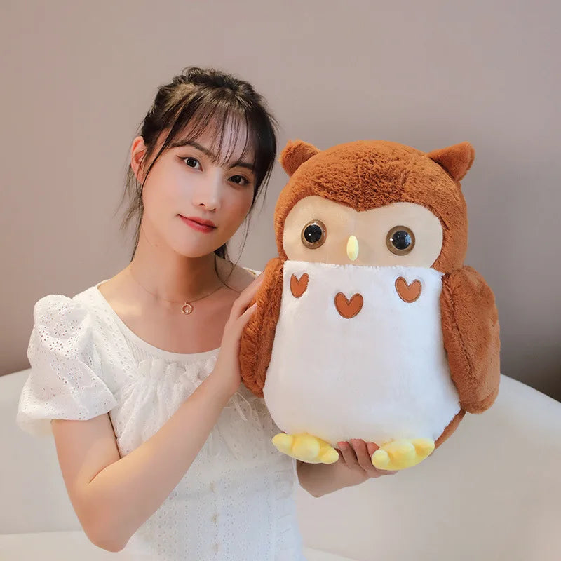 Chubby Brown and White Owl Plush Toy with Hearts - Image 6