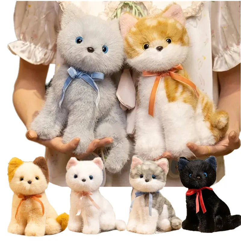 Cute Fluffy Sitting Cat Plush Toy with Bow