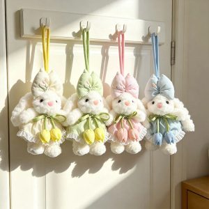 Pastel Plush Bunny Charm with Floral Bow and Tulips