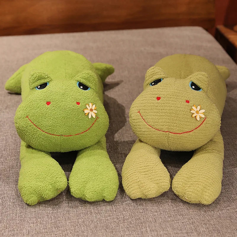 Cute Pale Green Ribbed Frog Plush Toy with Flower - Image 2