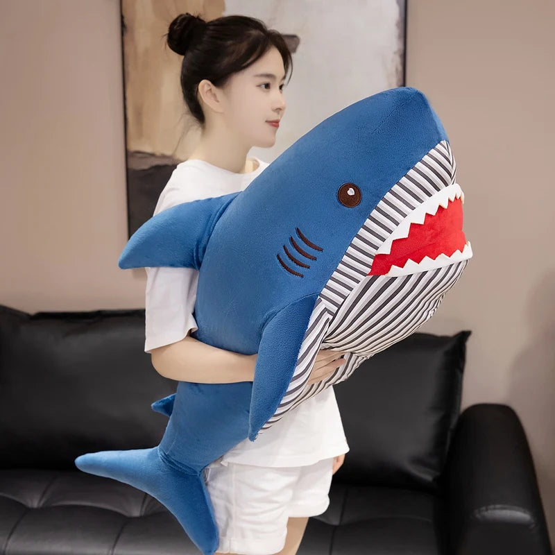 Oversized Blue Shark Plush Pillow with Striped Belly - Image 3