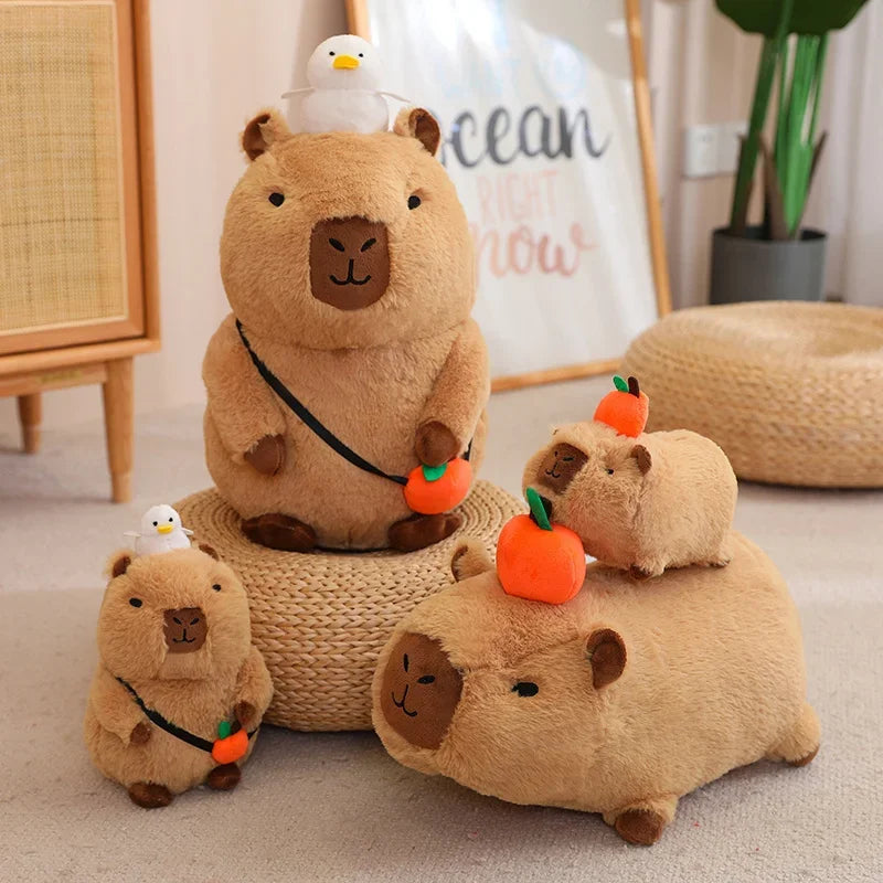 Soft Capybara Plush Toy with Bird & Orange Fruit - Image 4