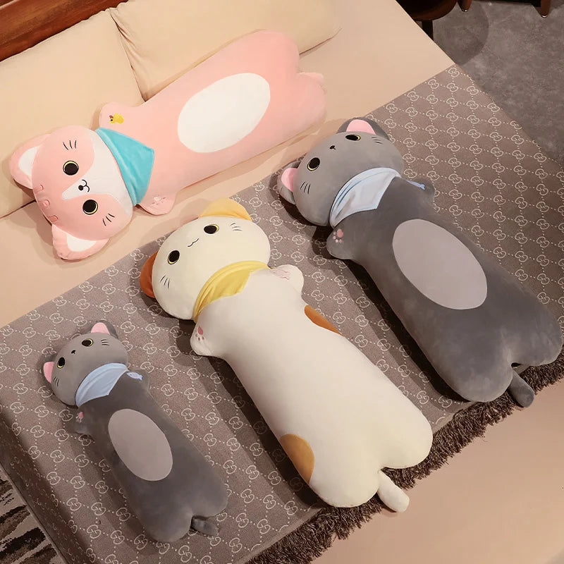 Soft Grey Plush Cat Body Pillow with Scarf - Image 3