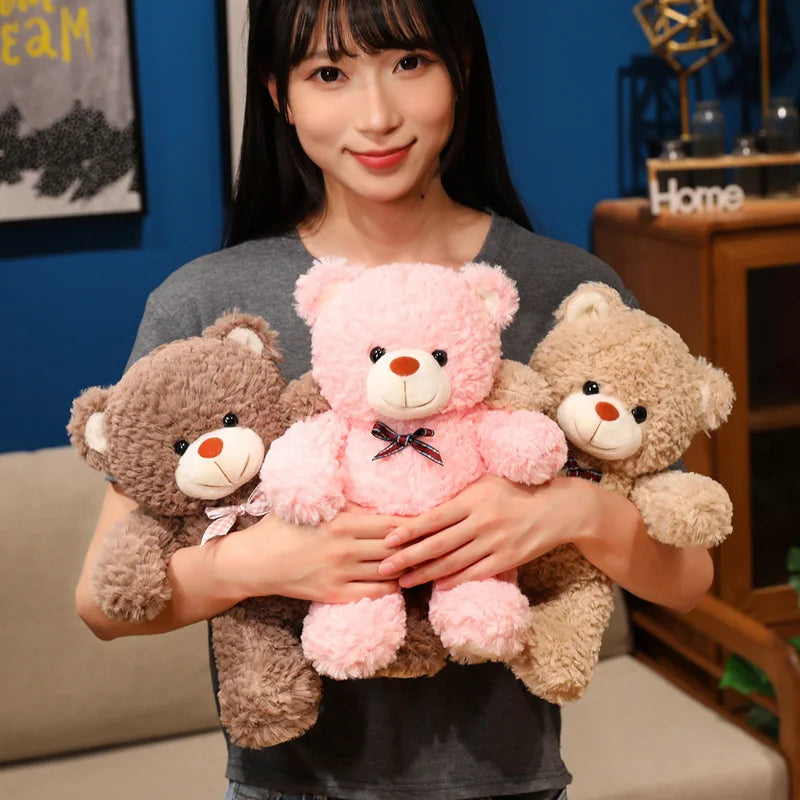 Soft Light Pink Plush Teddy Bear with Plaid Bow