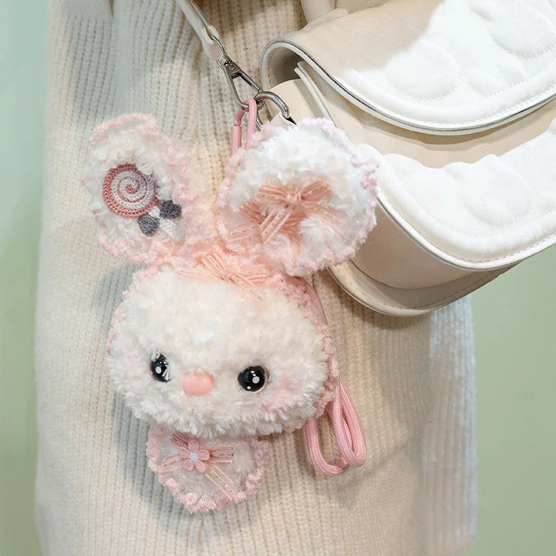 Fluffy Bunny Plush Keychain with Frilly Pastel Ears - Image 3