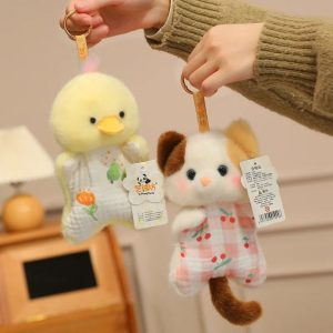 Cute White Plush Kitten Keychain with Cherry Outfit