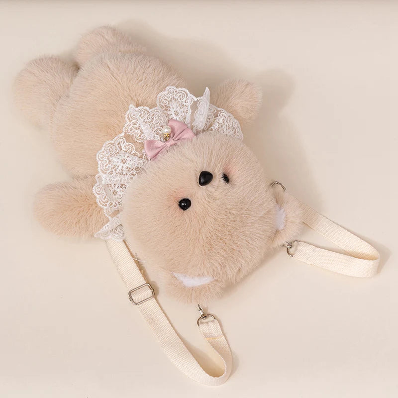 Kawaii Beige Plush Bear Shoulder Bag with Lace - Image 5