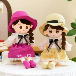 Sweet Plush Girl Doll with Braids and Hat