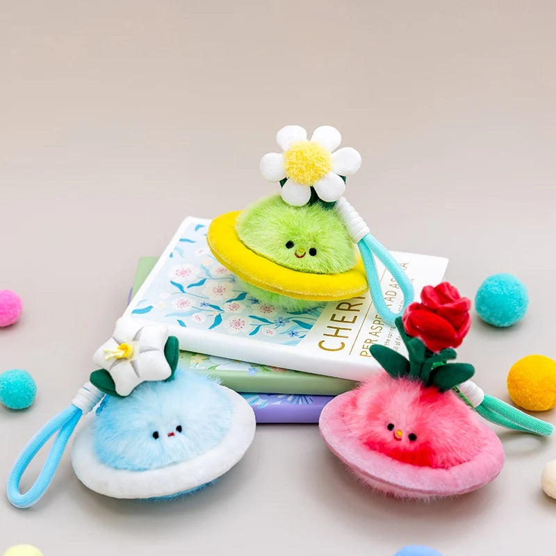 Cute Fluffy Planet Character Keychain Set with Flowers
