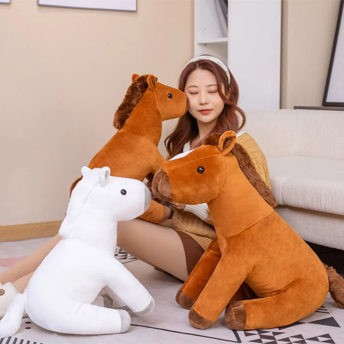 Cuddly Sitting Horse Plush Toy in Brown or White - Image 3