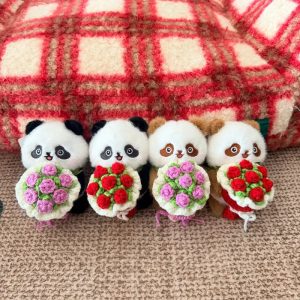 Cute Plush Panda Bear with Crochet Flower Bouquet