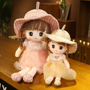 Cute Plush Doll with Plaid Hat & Polka Dot Dress