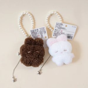Cute White Bunny Plush Keychain with Pearl Strap