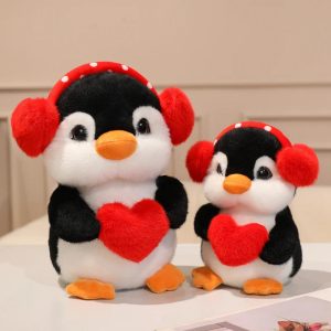 Adorable Plush Penguin with Red Heart and Polka Dot Earmuffs