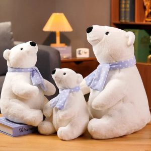 Soft White Plush Polar Bear with Polka Dot Scarf