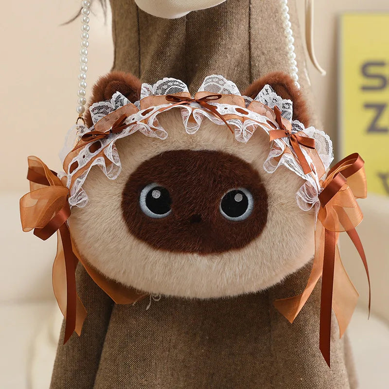 Kawaii Calico Cat Plush Crossbody Bag with Pearl Chain - Image 13