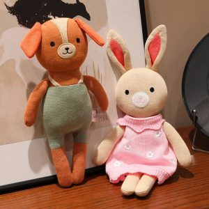 Cute Beige Knitted Bunny Plush with Pink Floral Dress