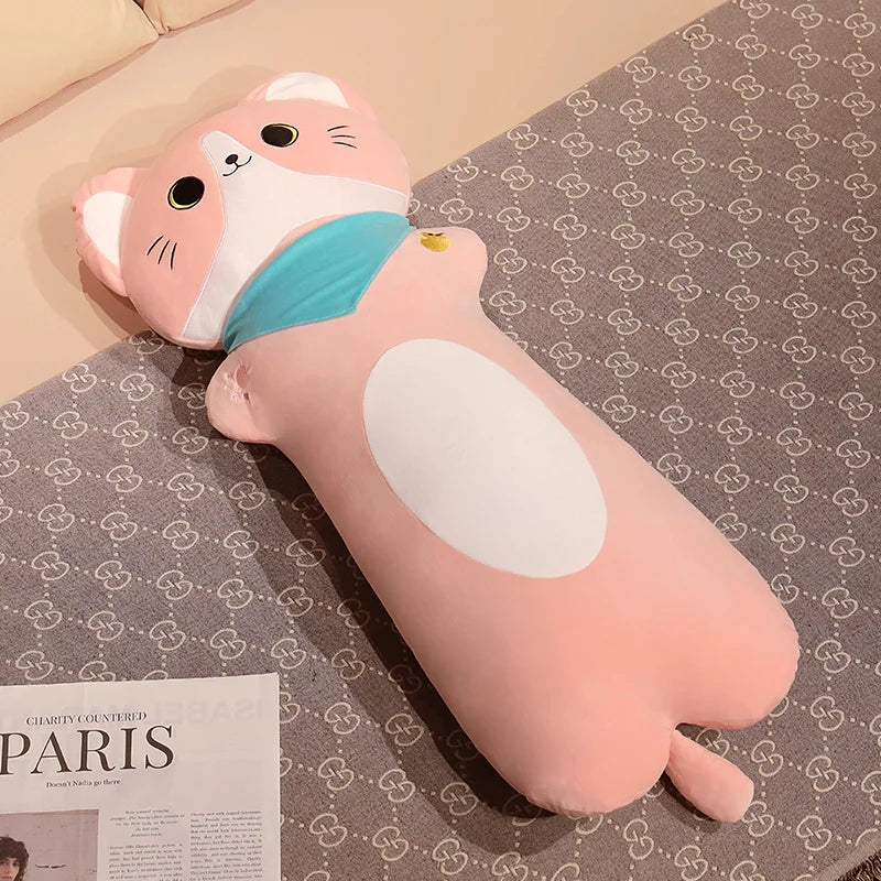 Soft Grey Plush Cat Body Pillow with Scarf - Image 7