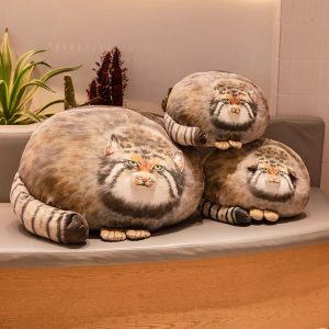 Round Pallas's Cat Plush Pillow with Striped Tail
