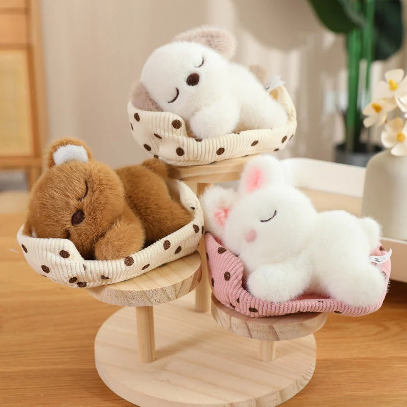 Cute Sleeping Animal Plush in Polka Dot Bed - Image 4