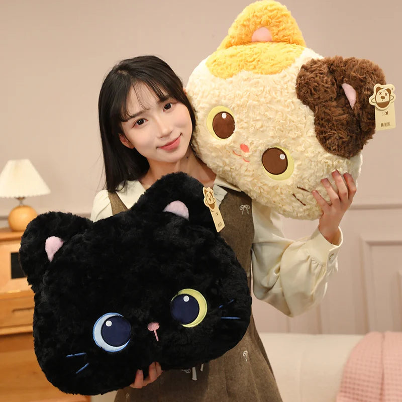 Fluffy Black Cat Plush Pillow with Crescent Eyes