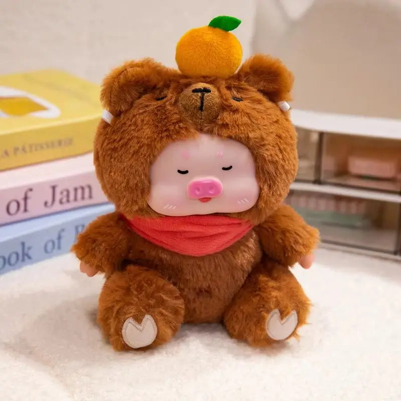 Adorable Pig Plush in Orange Giraffe Costume - Image 3