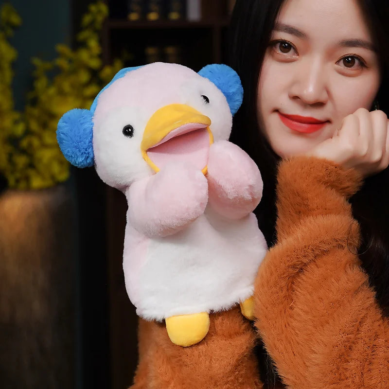 Pink Penguin Plush Hand Puppet with Blue Earmuffs - Image 4