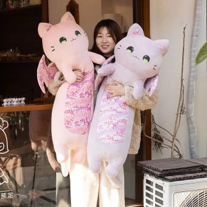 Soft Winged Cat Plush Body Pillow with Cherry Blossom