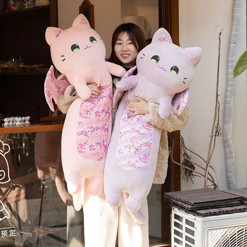 Soft Winged Cat Plush Body Pillow with Cherry Blossom