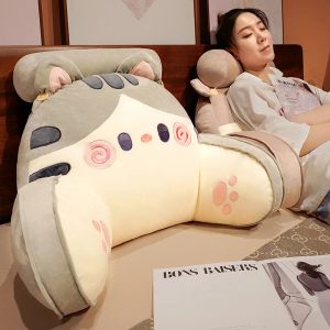 Cute Gray Cat Plush Reading Pillow with Armrests