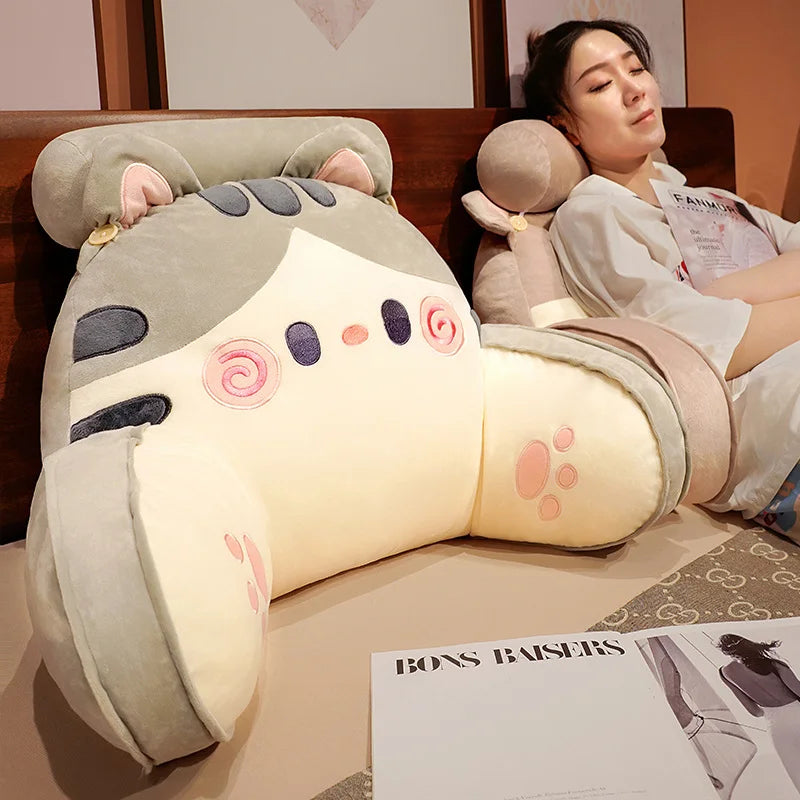 Cute Gray Cat Plush Reading Pillow with Armrests