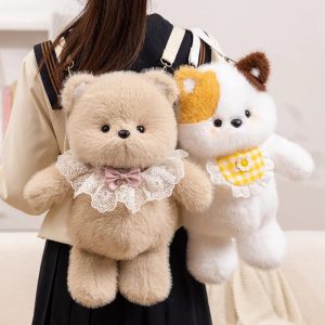Kawaii Beige Plush Bear Shoulder Bag with Lace